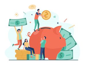 Four happy people benefiting from personal loans and putting savings money into piggy bank.