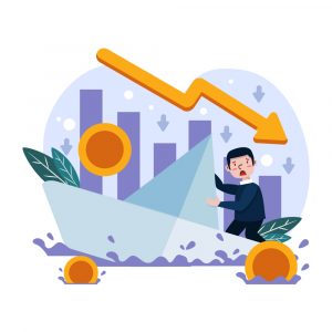 Man struggling under his falling stocks and increasing debts in Singapore.