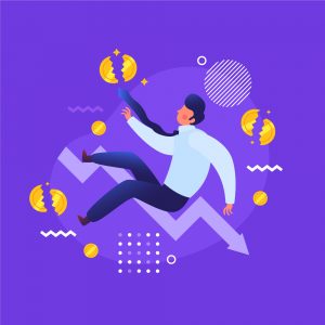 Falling man in debt surrounded by breaking coins and decreasing stocks.