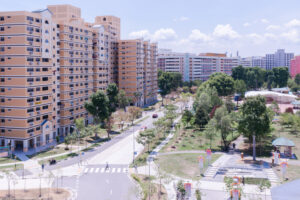The tranquil beauty of Tampines Central Park alongside quiet roads and a stretch of HDB flats