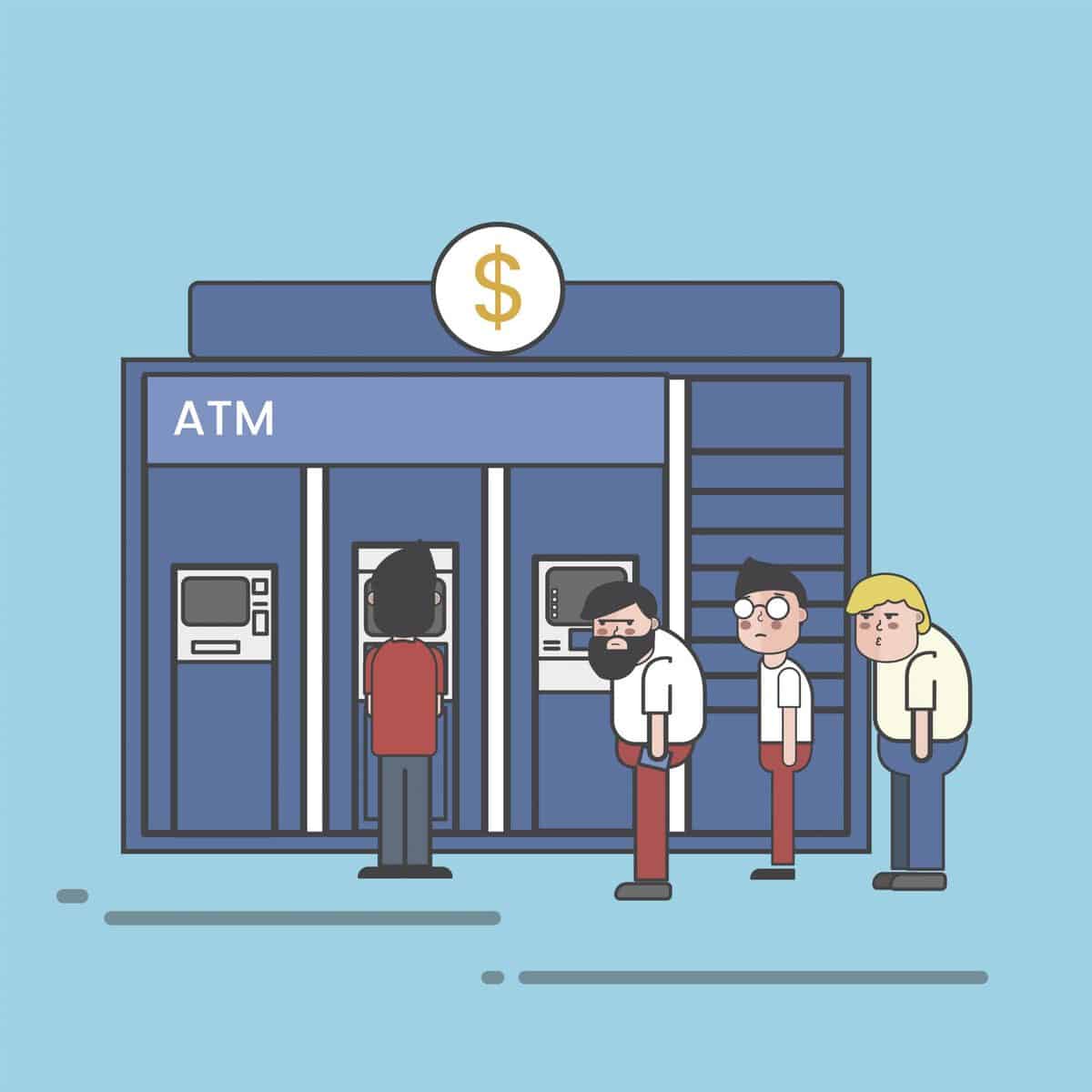 Three men lining up at the ATM waiting for one to finish withdrawing money.