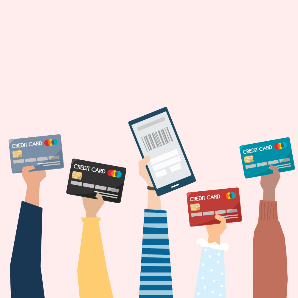 Five different hands holding up different options of credit cards.