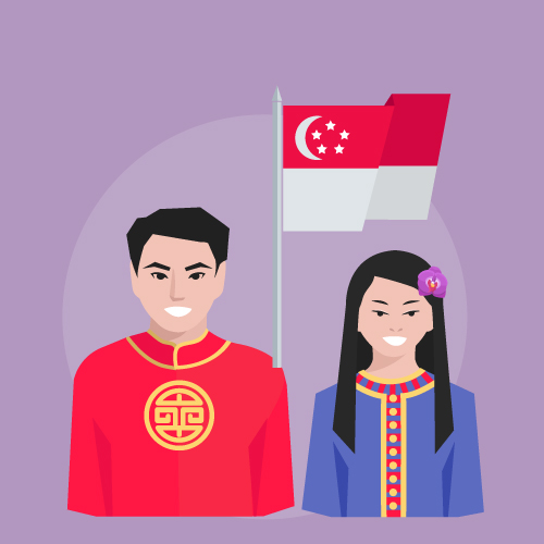 Two multiracial Singaporeans waving a Singapore flag.