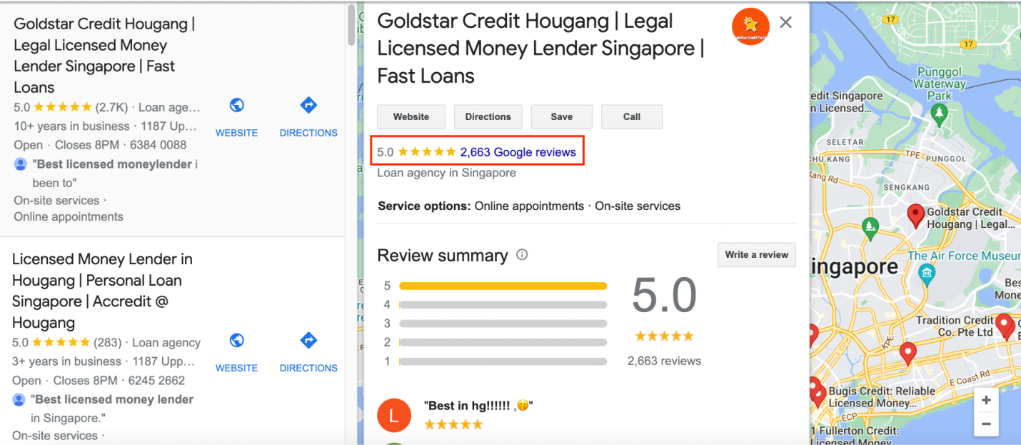 An example of how to look up Google reviews, zeroing in on Goldstar Credit’s Hougang Branch