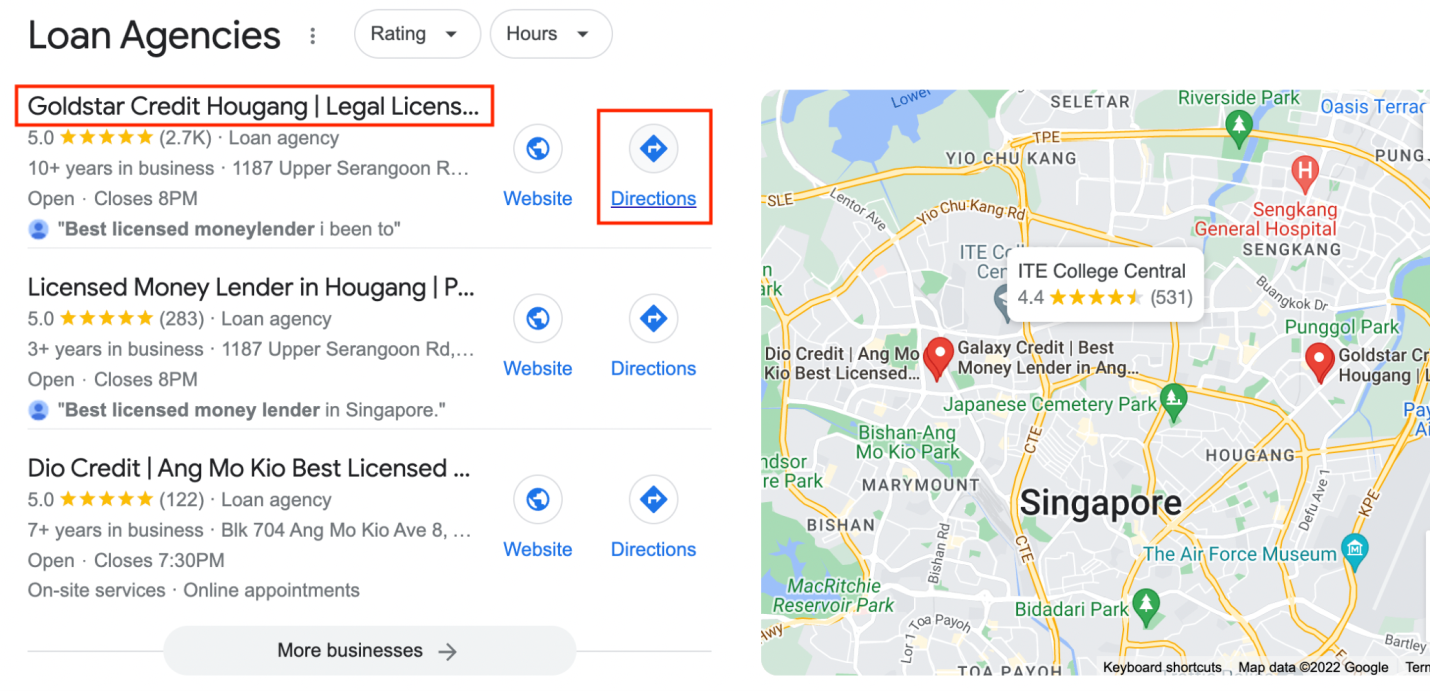 An example of how to search for ‘best licensed money lenders near me’, highlighting Goldstar Credit’s Hougang Branch