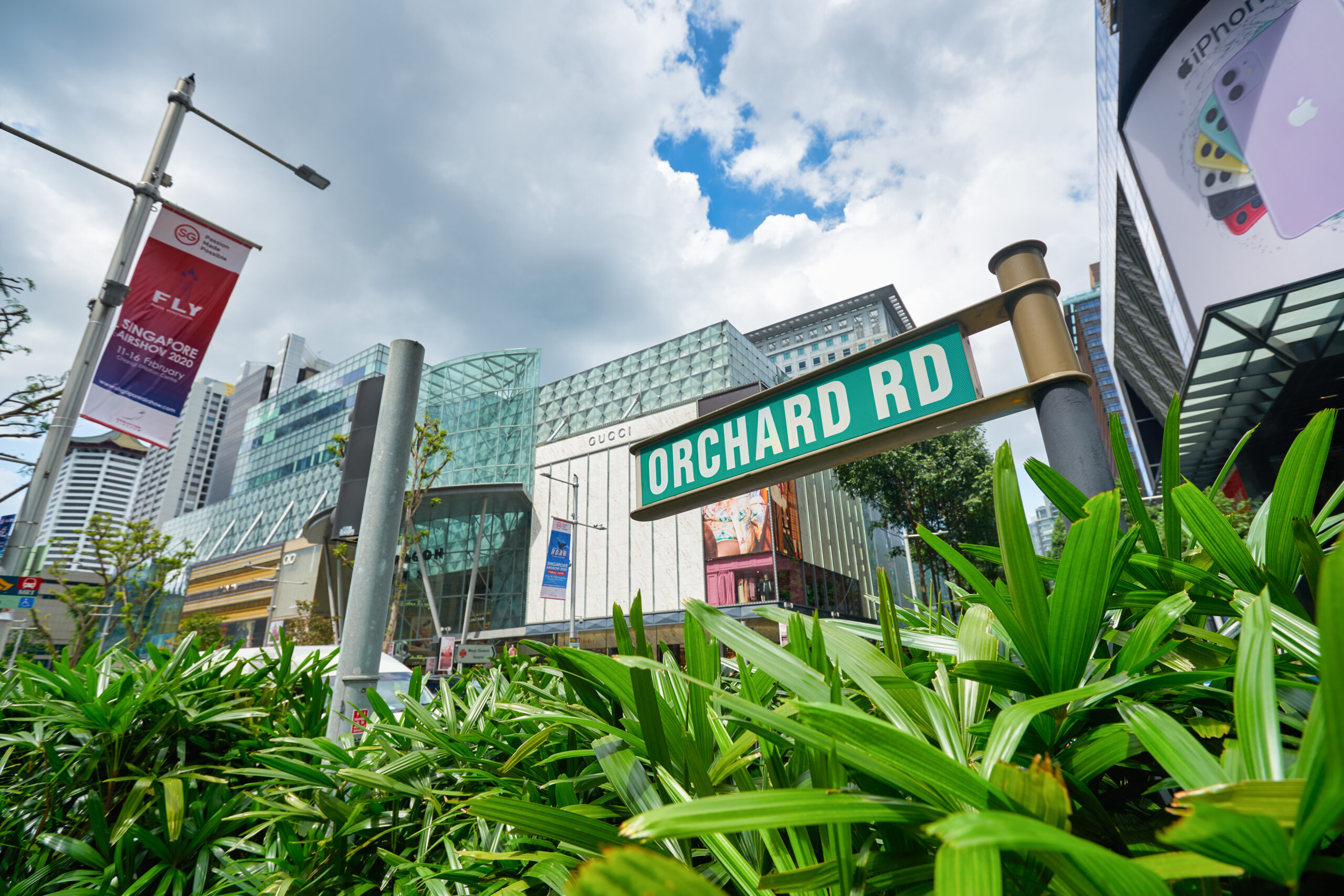 A close up shot of the Orchard Road sign and plants along the sidewalk
