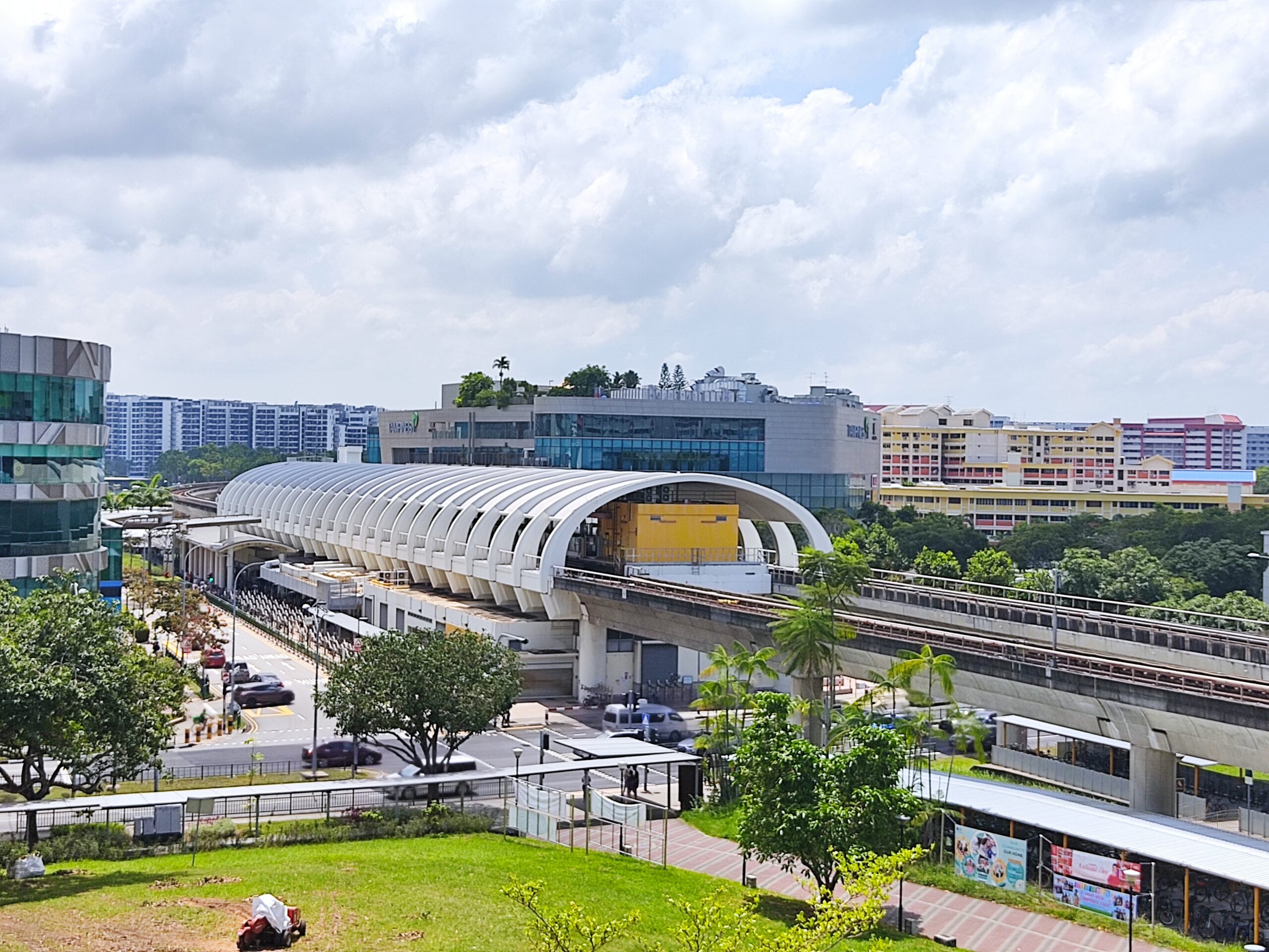 A daytime shot of Tampines MRT Station, Tampines1 Shopping Mall and the area around it