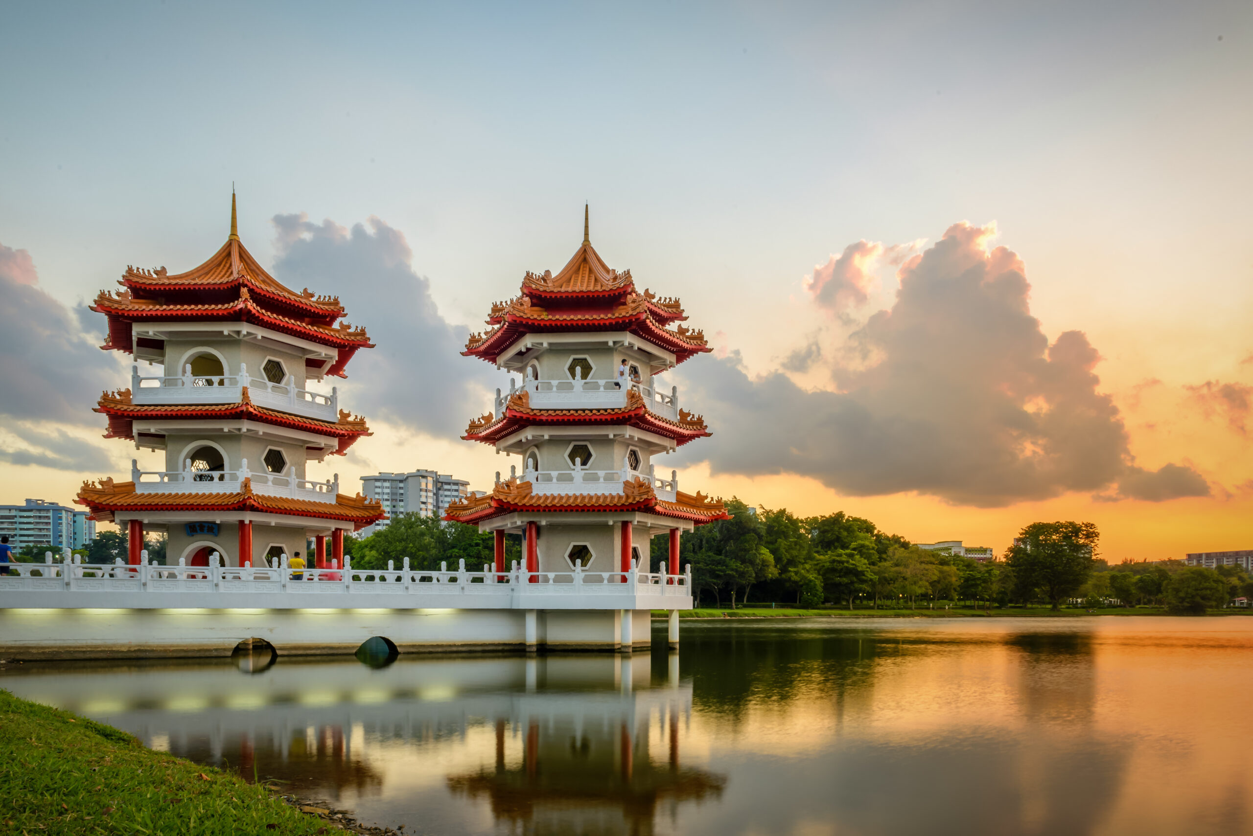 A picturesque shot of the Twin Pagodas and arresting sunset at Jurong Chinese Garden