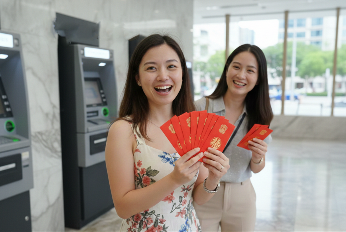 Two Singaporen ladies holding red packets in delight while standing in front of ATMs during Li Chun